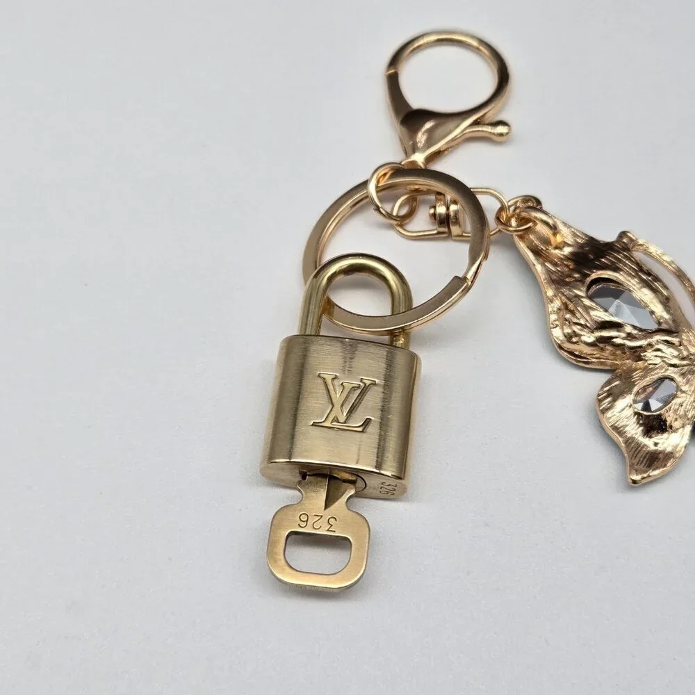 LV Authentic Gold Lock & Key 🔑 Luxury Bag Charm w/ Unbranded Butterfly Keychain